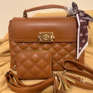 Quilted Vegan Leather Top-Handle Bag Set Cognac Brown
